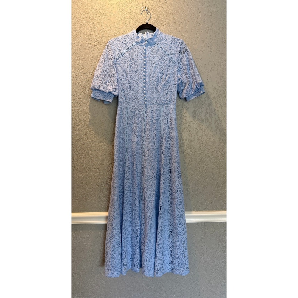 Anewsta Light Blue Floral Lace Midi Dress High Neck Puff Sleeve Womens Size 2 XS